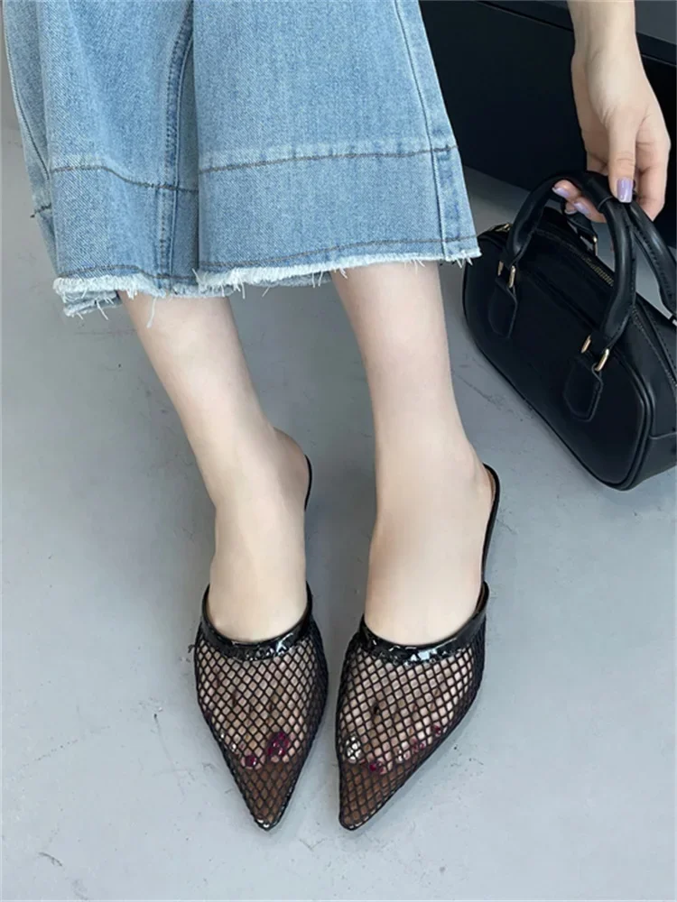 Women's Mesh Hollow Out Pointed Toe Mule Heels,Slip-On Thin Stiletto Slide Sandals,Breathable Summer Multi‑Color Casual Footwear
