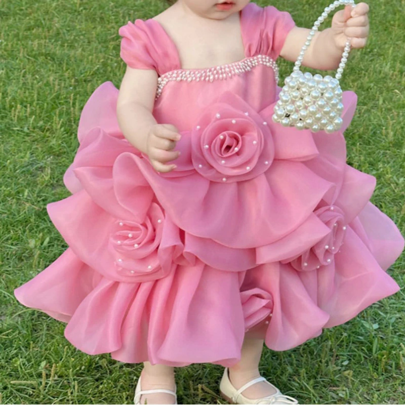 Customized High End Sweet Princesses Dresses Luxury Pearl Flower Appliques A-line Ball Gown Korean Popular Puffly Tiered Mesh Ve