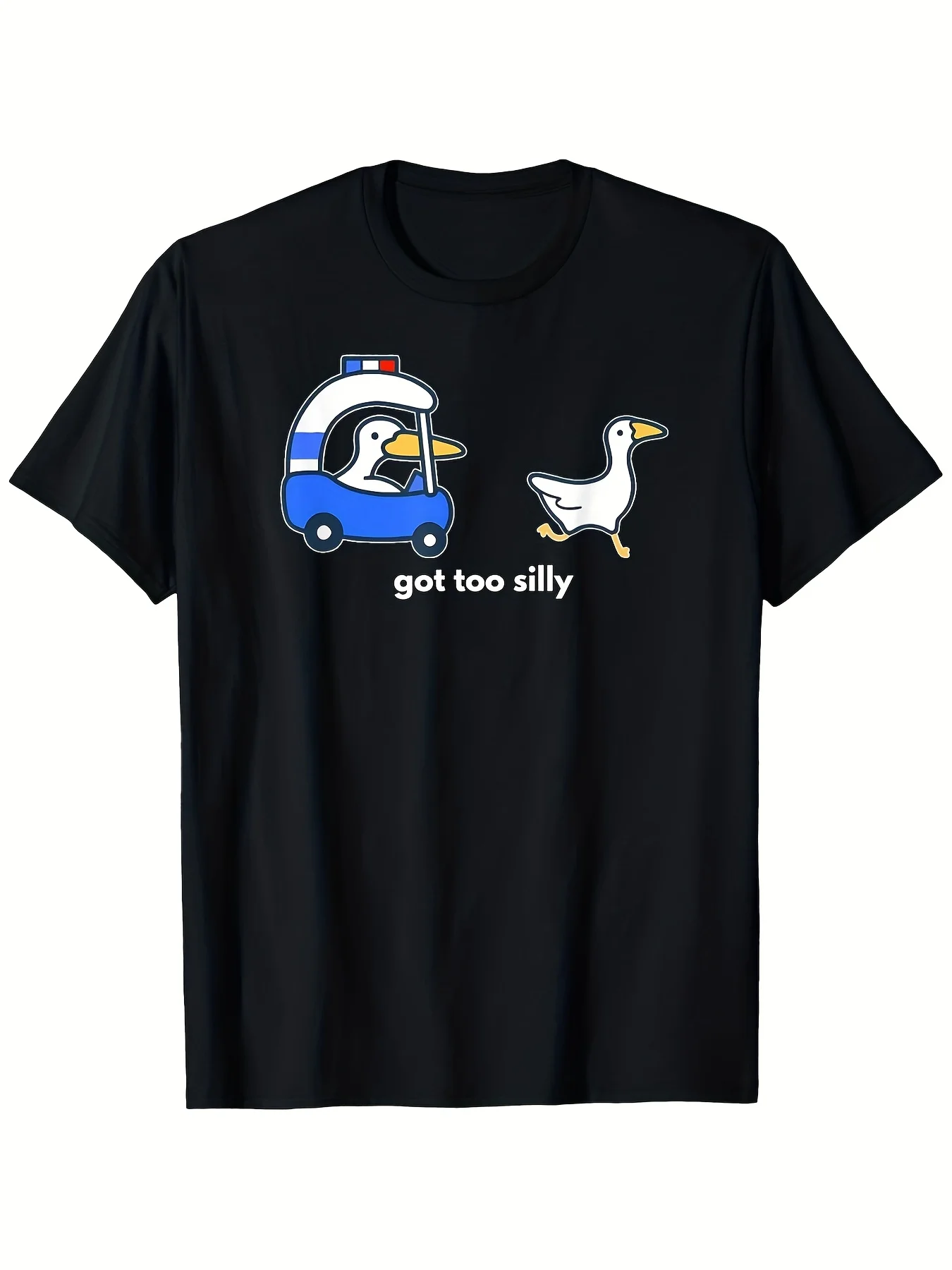 Men's Fun Police Car Cartoon Graphic T-Shirt - Very Funny Slogan, Breathable and Moisture-Wicking Round-Neck Short-Sleeve Shirt, Black and Blue Retro Design, Comfortable Everyday Street Style Top, Suitable for All Seasons, Machine Washable Soft Fabric