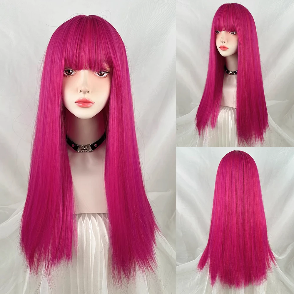 

Синтетические розово-красные парики Лолиты для косплея с челкой, длинные прямые пушистые женские термостойкие парики для повседневной вечеринки