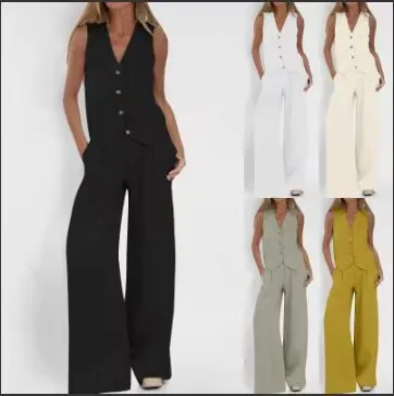 

2025Summer And Autumn New European And American Solid Color Fashion Vest Trousers Patchwork Cotton And Linen Casual Women's Suit