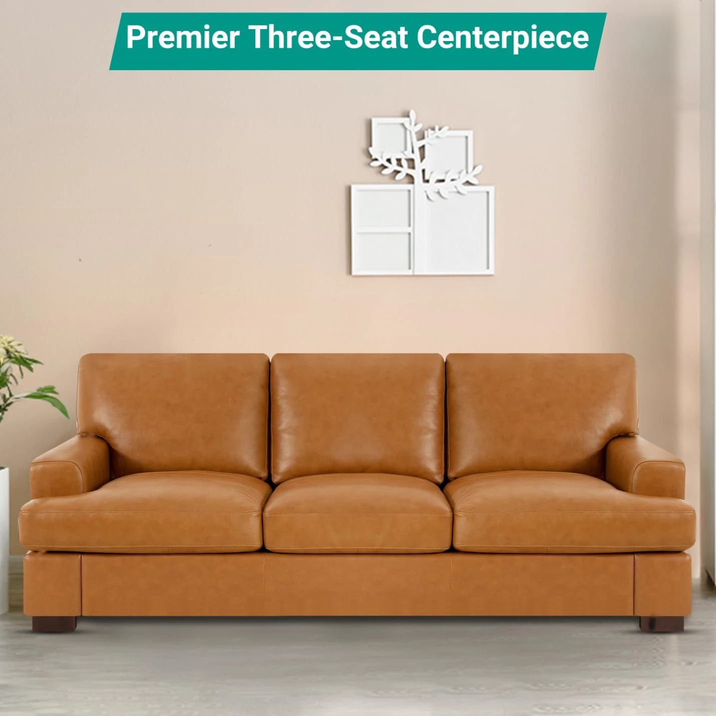 Genuine Leather Sofa - Luxurious Comfort, Goose Feather Cushion Filling, Square Arm Design, Sturdy Block Legs