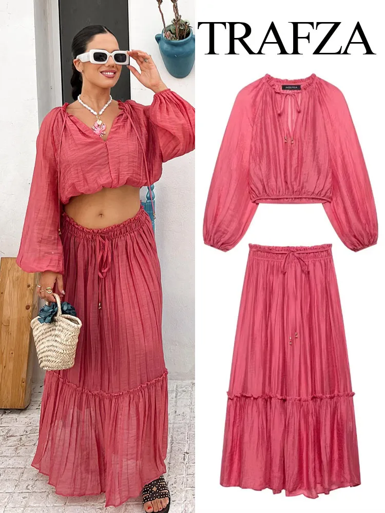 

TRAFZA Women's Summer Skirt 2-Piece Set Fashion V-neck Wrinkle Effect Short Long Sleeve Top+High Waist Lace-up Casual Long Skirt