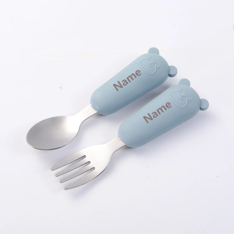 Baby Cutlery Set - Fork & Spoon Stainless Steel with Silicone Handles Free Name Engraving Children's Surprise Gift