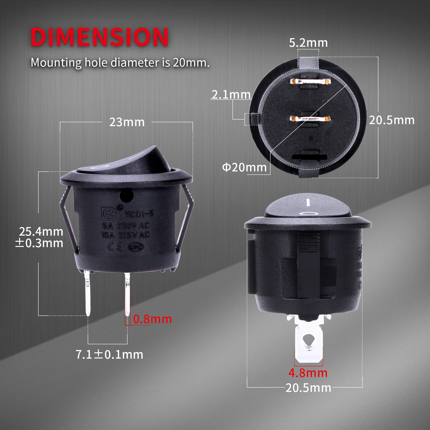 DaierTek 5PCS Round Rocker Switch ON Off SPST 20mm Mini Toggle Switch 12V for Car Automotive RV 2 Pin Switch 120V Wired KCD1