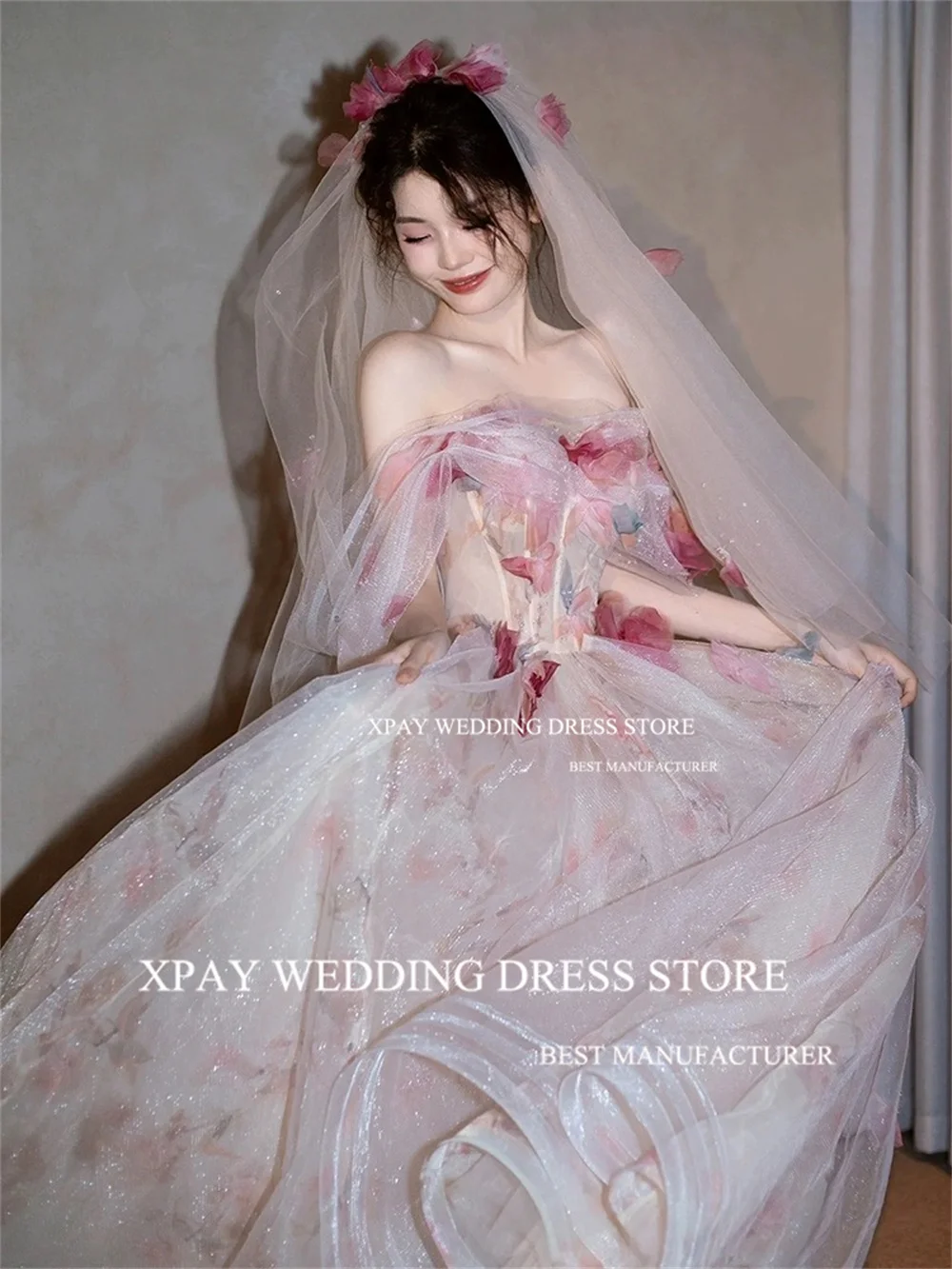 XPAY Princess Floral Flowers Korea Evening Dresses Sweetheart Ruffles Formal Prom Gown Wedding Photo Shoot A Line Birthday Dress