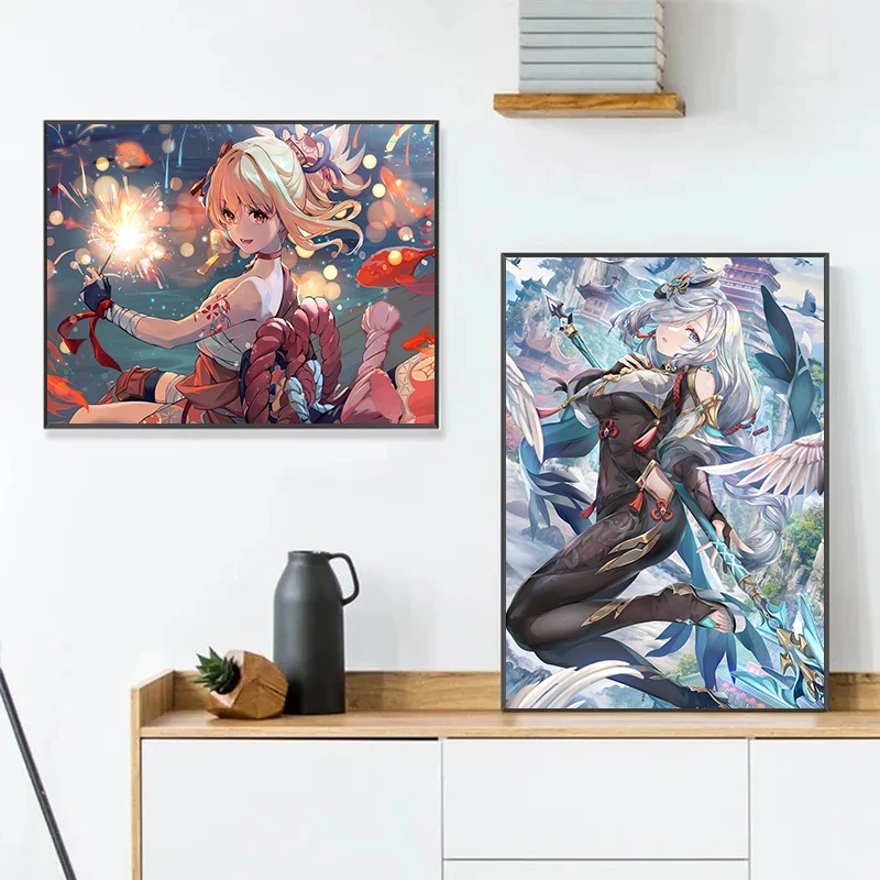 Hot Game Genshin Impact Female Character Canvas Poster Arlecchino Yoimiya Shenhe Wall Picture for Living Room Bedroom Home Decor