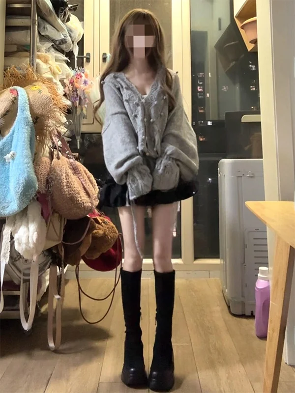 

Korean Lazy Style Loose Hollow Hook Flower V-neck Women's Knitted Cardigan Long Sleeve Warmth Autumn Winter Design Drawstring...
