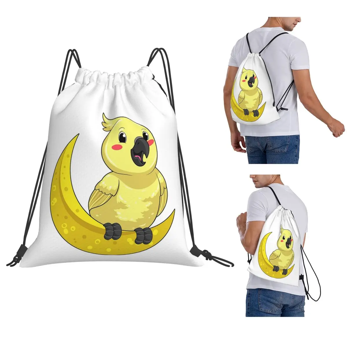Cockatoo Cockatiel Parrot With Moon Backpacks Fashion Drawstring Bundle Pocket Sports Bag Book Bags for Man Woman Students