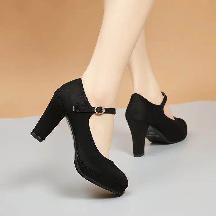 Pointed Toe Thin Heel One Word Buckle Band Womens Pumps Sexy Solid Flock Platform Work Shoes big Size High Heels