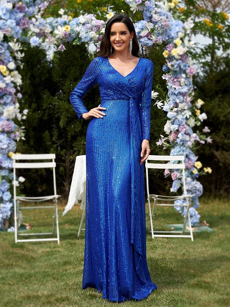 

Royal Blue Mother Of the Bride Dresses Vneck Long Sleeves Luxury Sequined Mother of the Bride Gown For Weddngs