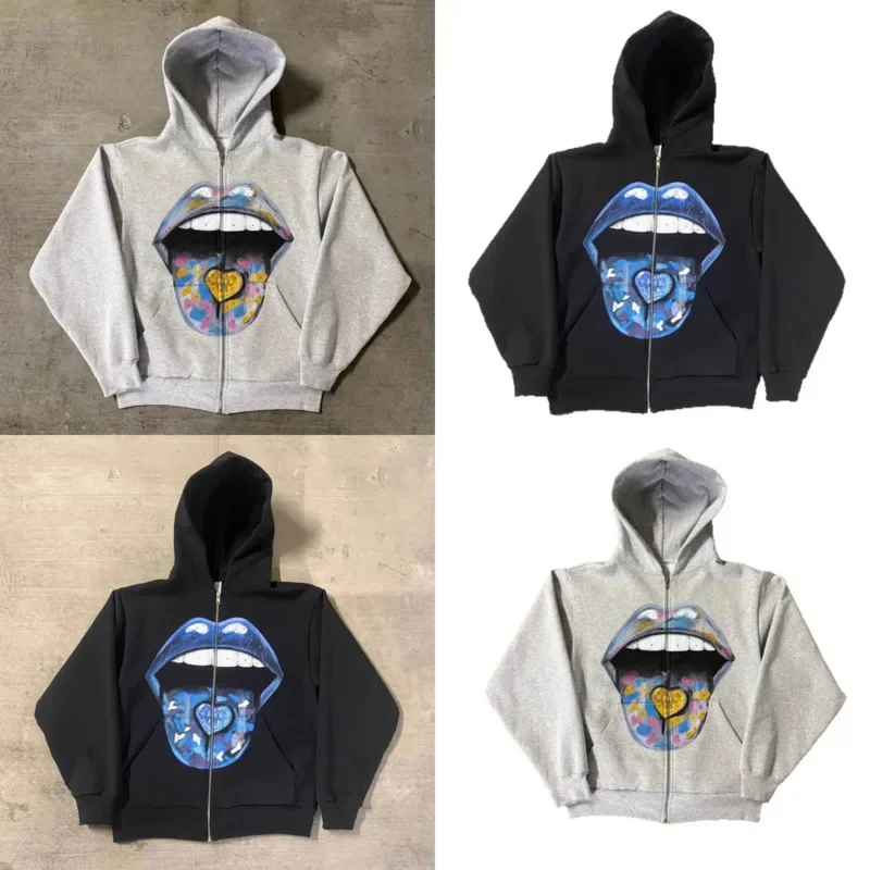 Harajuku Mouth Print Zipper Hoodie Women European American Long Sleeved Pullover Hoodie Retro Jacket High Street Trend Coats New
