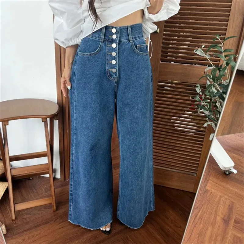 Retro Versatile Washed Single Button Jeans High Waist Loose Fit Casual Cotton Denim Pants for Young Women in Their 20s