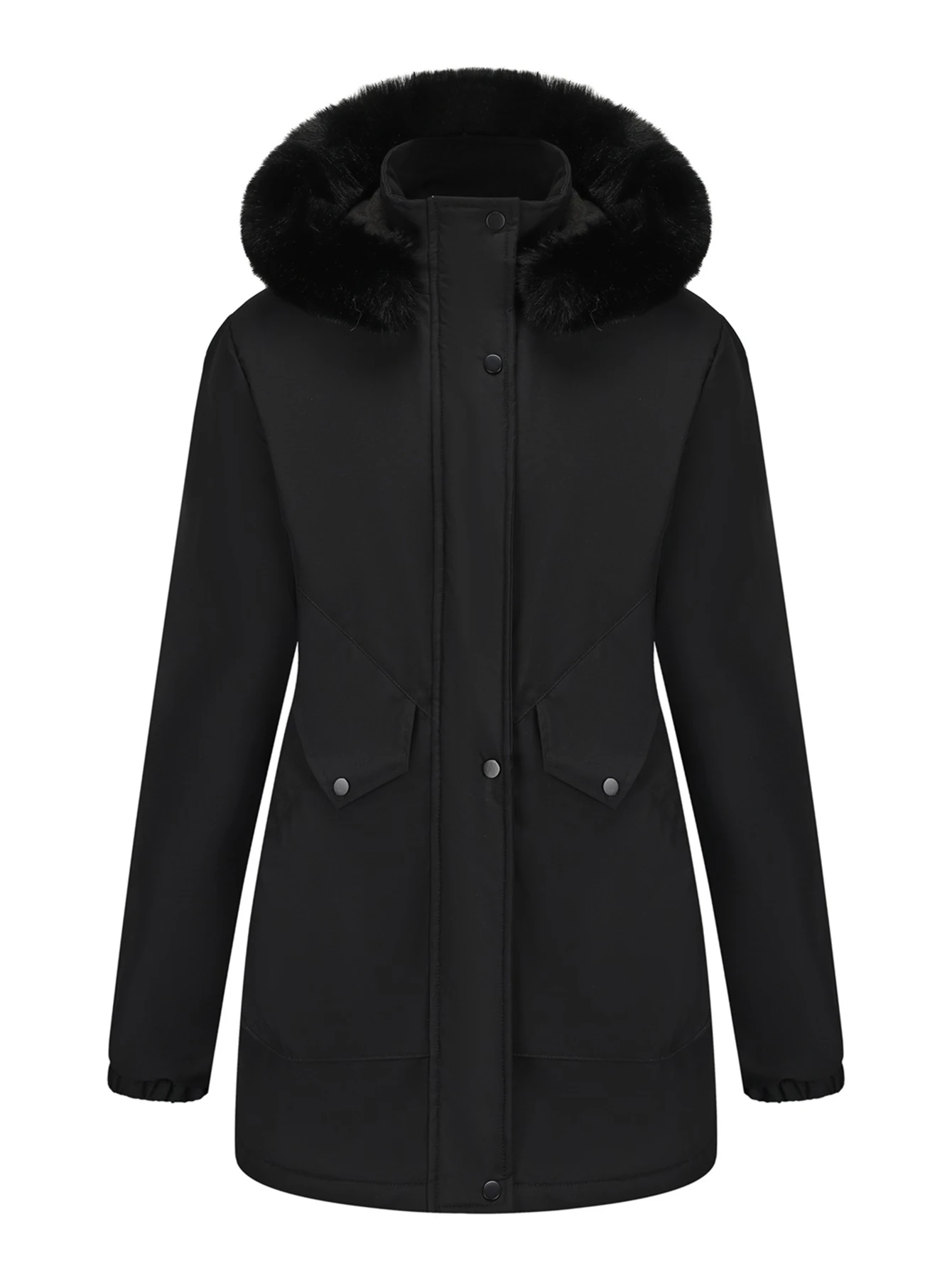 Dames Europese maat Fleece gevoerde katoenen jas Koreaanse stijl Grote bontkraag Halflange parka Winterbovenkleding