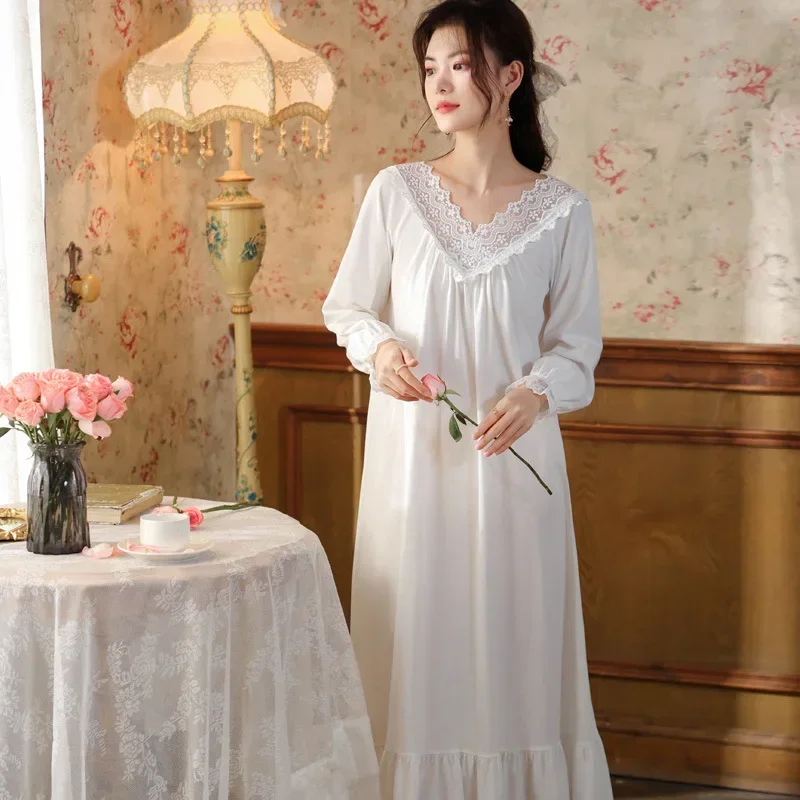 White Cotton Lace V Neck Night Dress Women Vintage Fairy Long Sleeve Sexy Peignoir Nighty Victorian Nightgown Princess Sleepwear