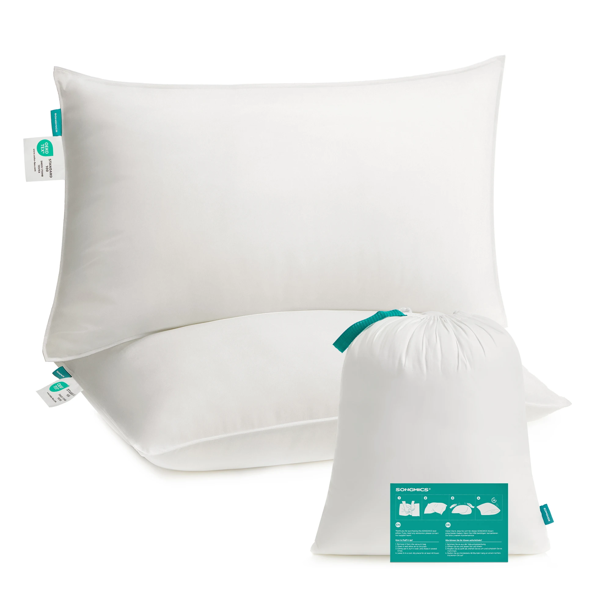 SONGMICS Bed Pillows, 74 x 48 cm, 800 g Fill, Brushed Polyester Fabric, Machine Washable and Dryable at 60  C, with Storage Bag