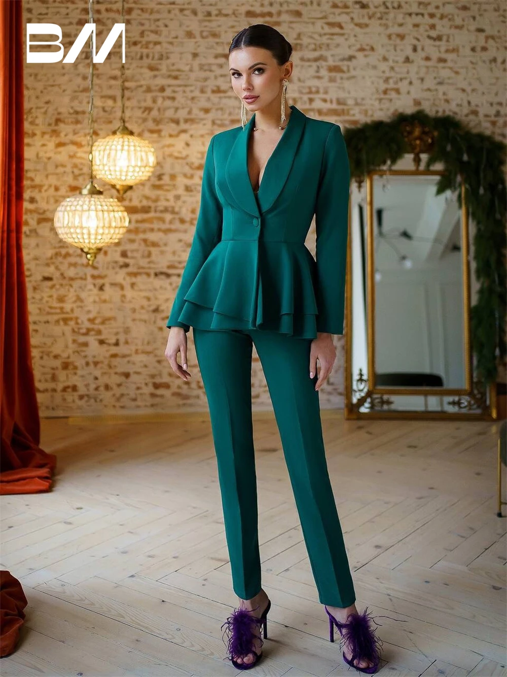 Pink Two Piece Flare Women Suit Set Blazer Pants Solid Formal Wedding Party Dress Wear Office Business Outfit Plus Size