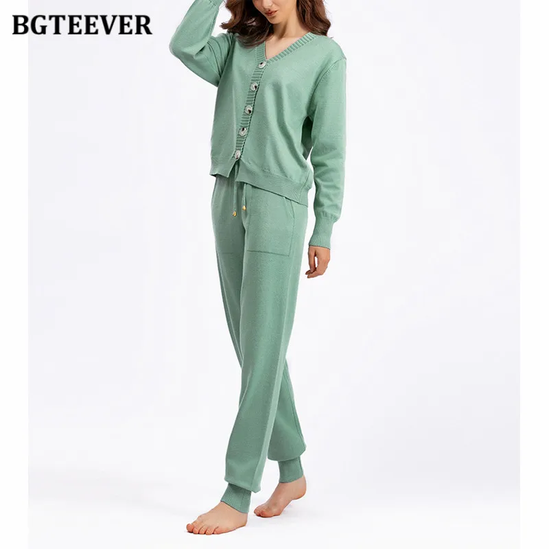 BGTEEVER Autumn Winter Loose Female Knitted Sweater Set V-neck Single-breasted Cardigans Women Drawstring Harem Pants