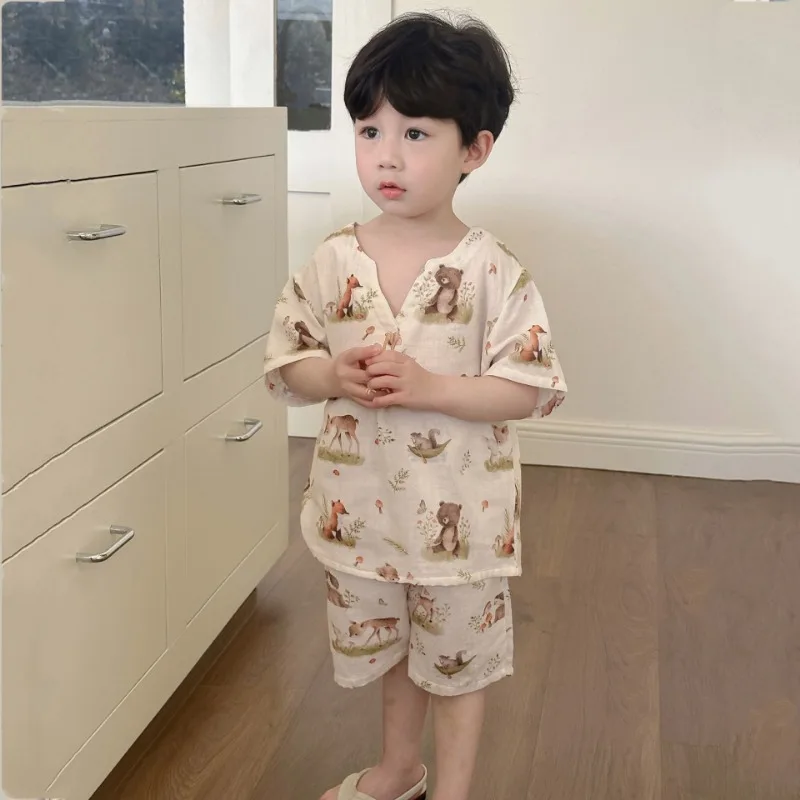 Summer Kids Clothes Cotton Girls Pajamas Short Sleeve Boy Cartoon Sleepsuit Korean Casual Children Pajamas for Kids 잠옷 Sleepwear