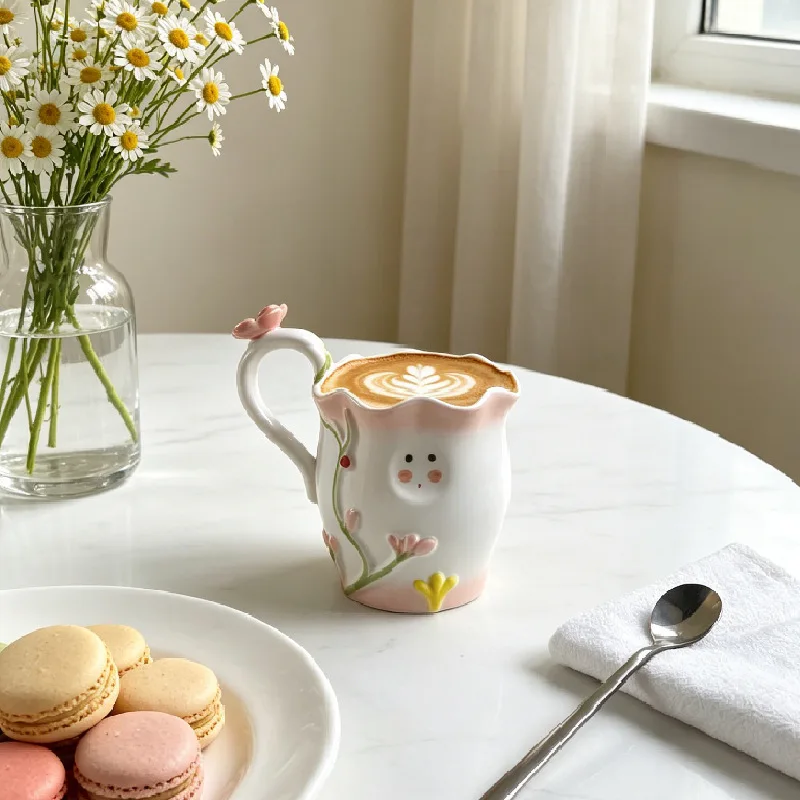 Cartoon Cute Character Porcelain Coffee Cup Abstract Character Relief Mug Tableware for Home Breakfast Milk and Oatmeal Cup Gift