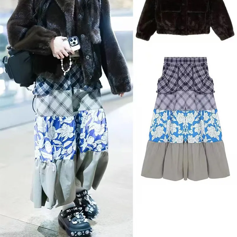 

Niche 2024 autumn and winter new vintage patchwork print pocket A-line skirt design sense of loose matching skirt