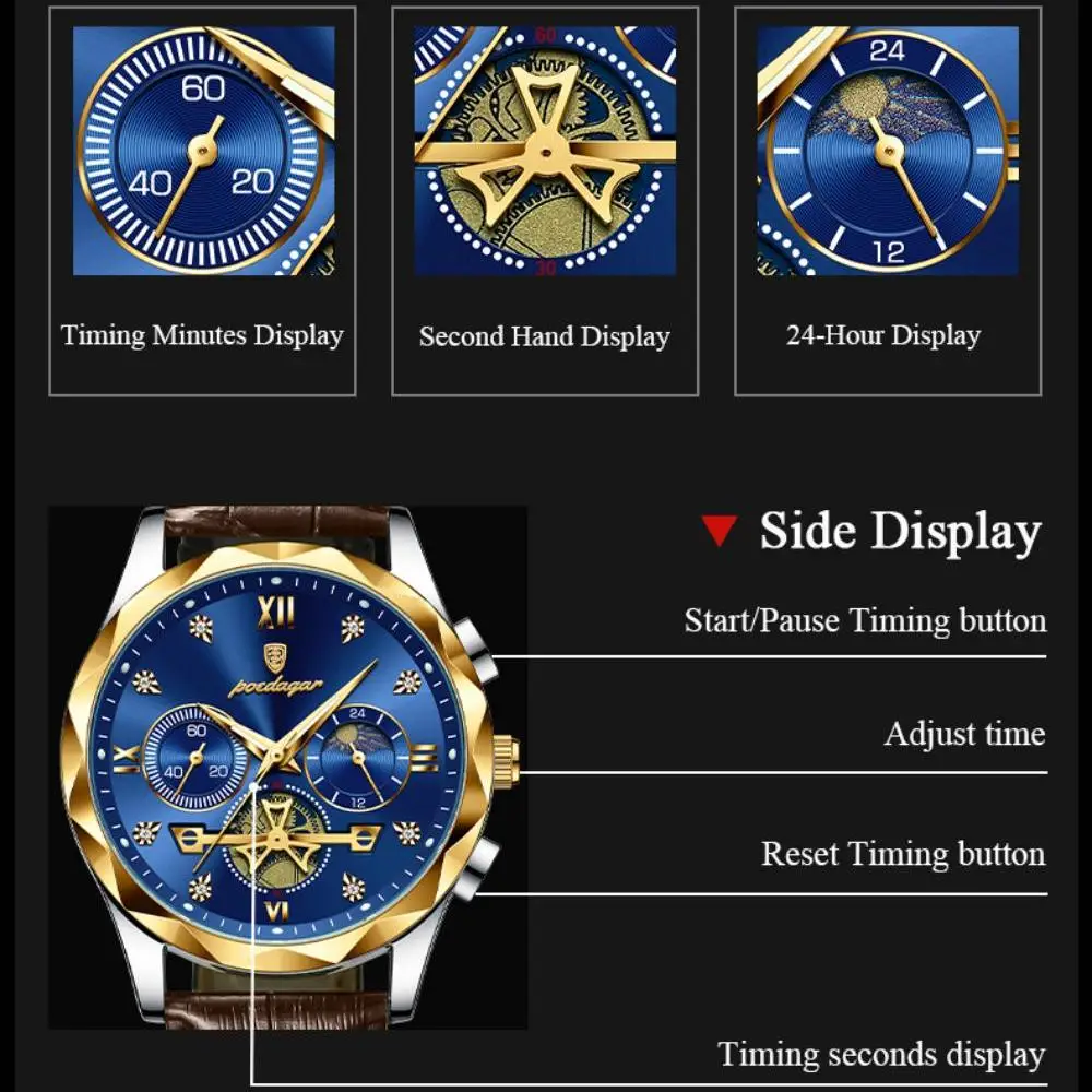 POEDAGAR Luxury Watches For Men Leather Chronograph Man Watch Waterproof Luminous Military Fashion Men's Quartz Wristwatch Reloj image 2