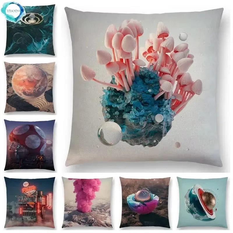 Newest 3d Print Surreal World Amazing Scenery Cushion Cover Metal Sculpture Sofa Throw Pillow Case