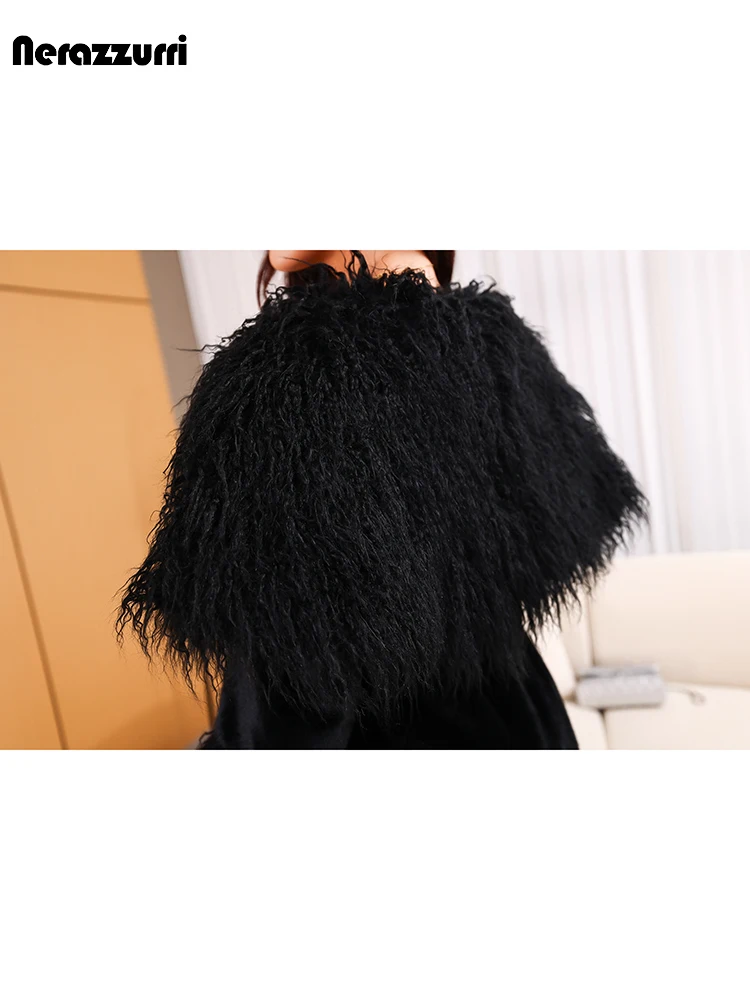 Nerazzurri Winter Extra Long Luxury Elegant Warm Soft Black Faux Fur Coat Women with Fake Fox Fur Trim Luxury Designer Clothes