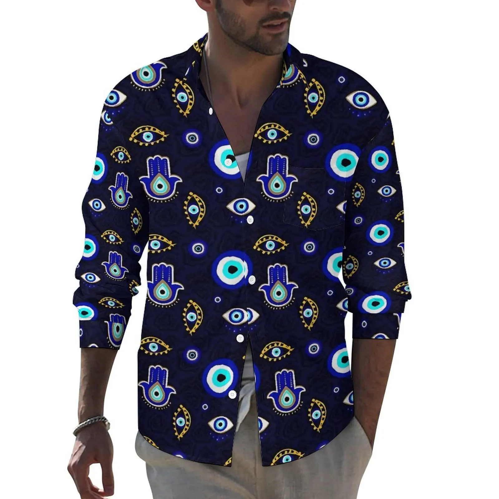 Hamsa camisa de mano con estampado de mal de ojo para hombre, camisas informales, blusas Vintage de manga larga, ropa de calle estampada, talla grande, otoño