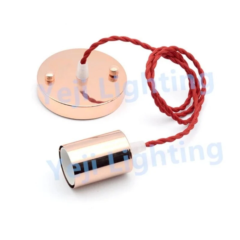 Rose Gold E27 Socket Lamp Holder Cord Set Iron Ceiling Plate with Twist Wire Ceiling Rose Braided Wire Modern Metal Lamp Base