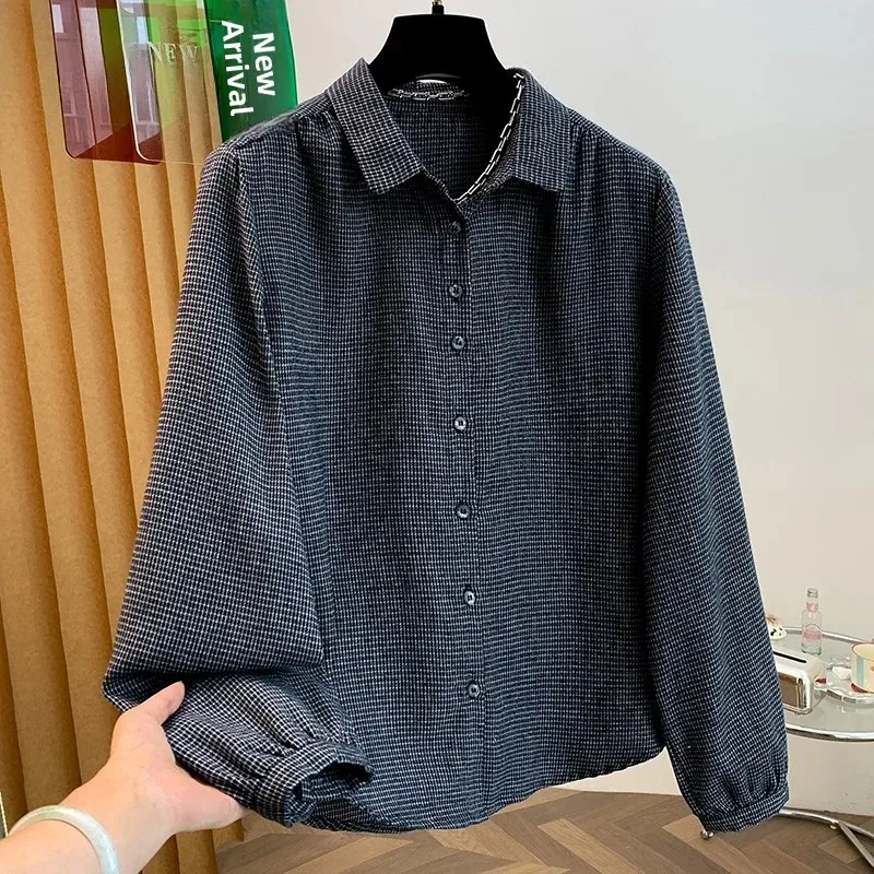 Women's Loose Fit Plaid Shirt Korean Style Spring Autumn New Arrival Fleece Lined Open Cardigan Breathable Cotton Blend
