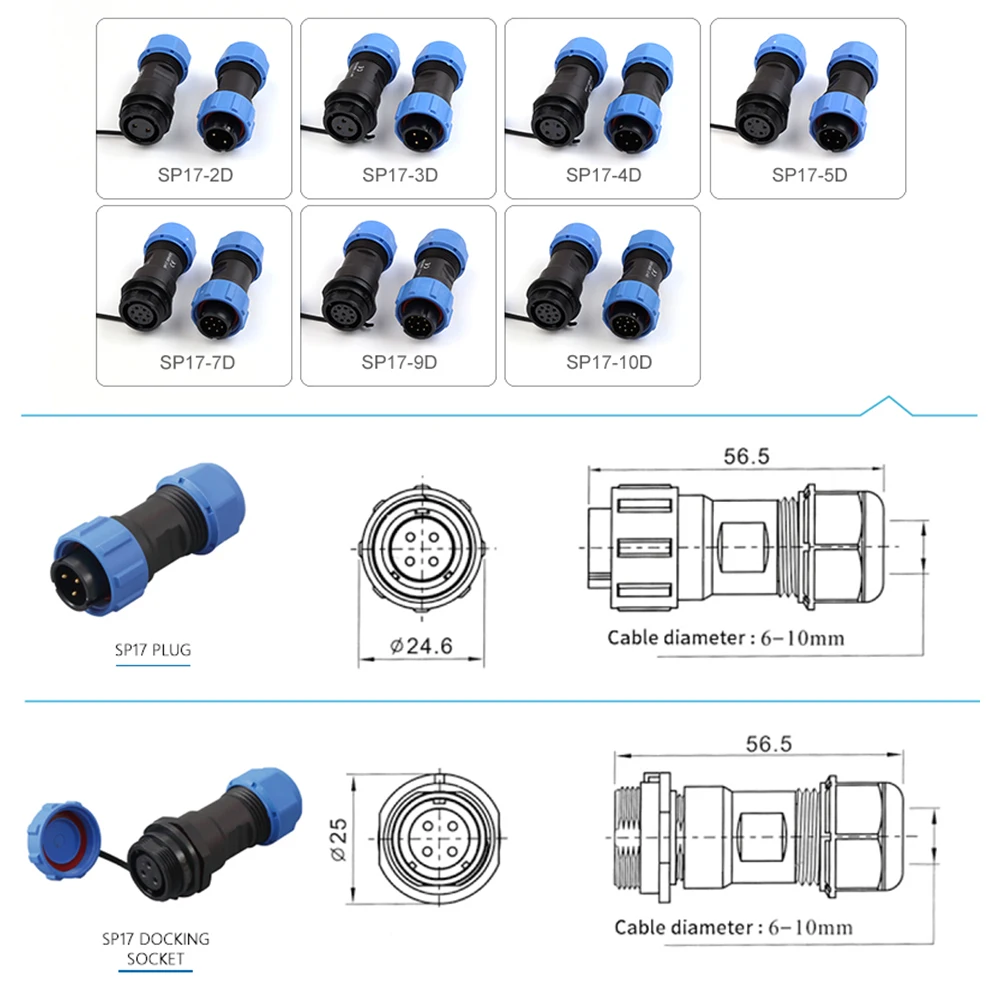 SP17 Welding Docking Type Aviation Plug Socket IP68 Waterproof Connector 2/3/4/5/6/7/9/10 Pin Electrical Wire Cable Connectors