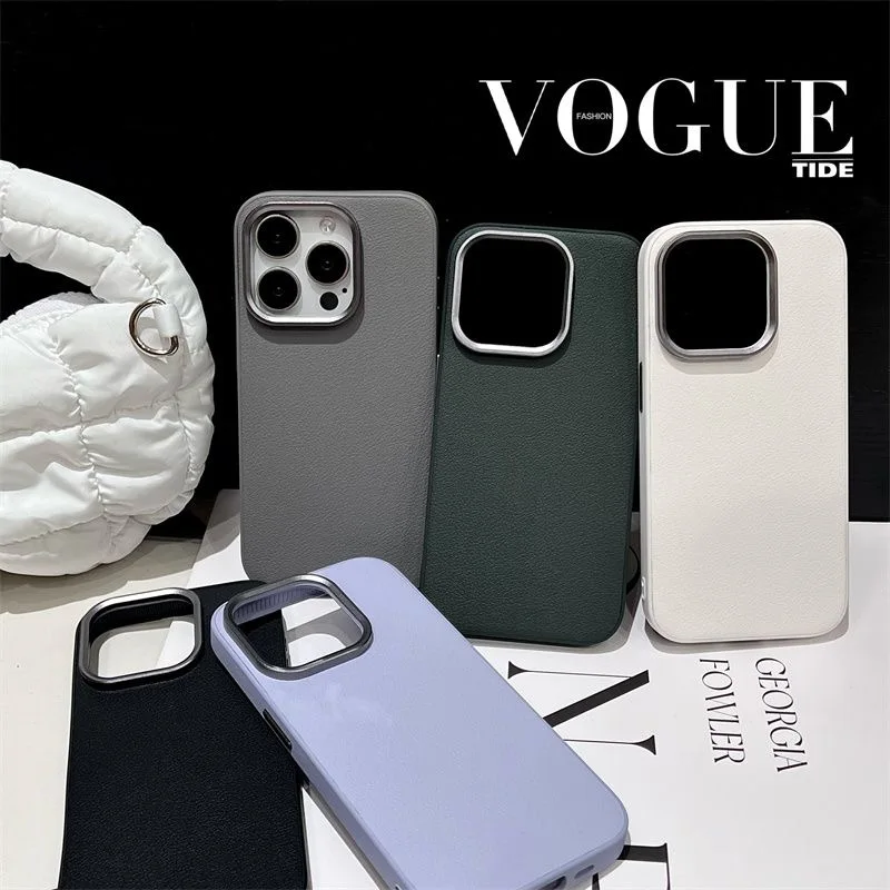 

Metal Lens Luxury Solid Color Leather Full Protection Phone Case For iPhone 15 13 14 Pro Max Shockproof Men Women Cover