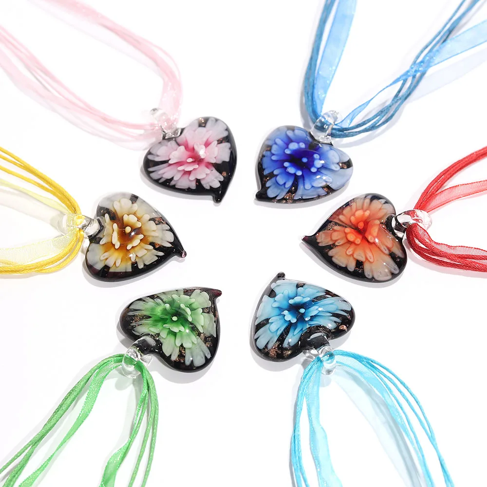 Fashion Wholesale lots 6pcs Handmade Murano Lampwork Glass Mixed Color Inside Beauty Flower Pendants Silk Cords Necklace New