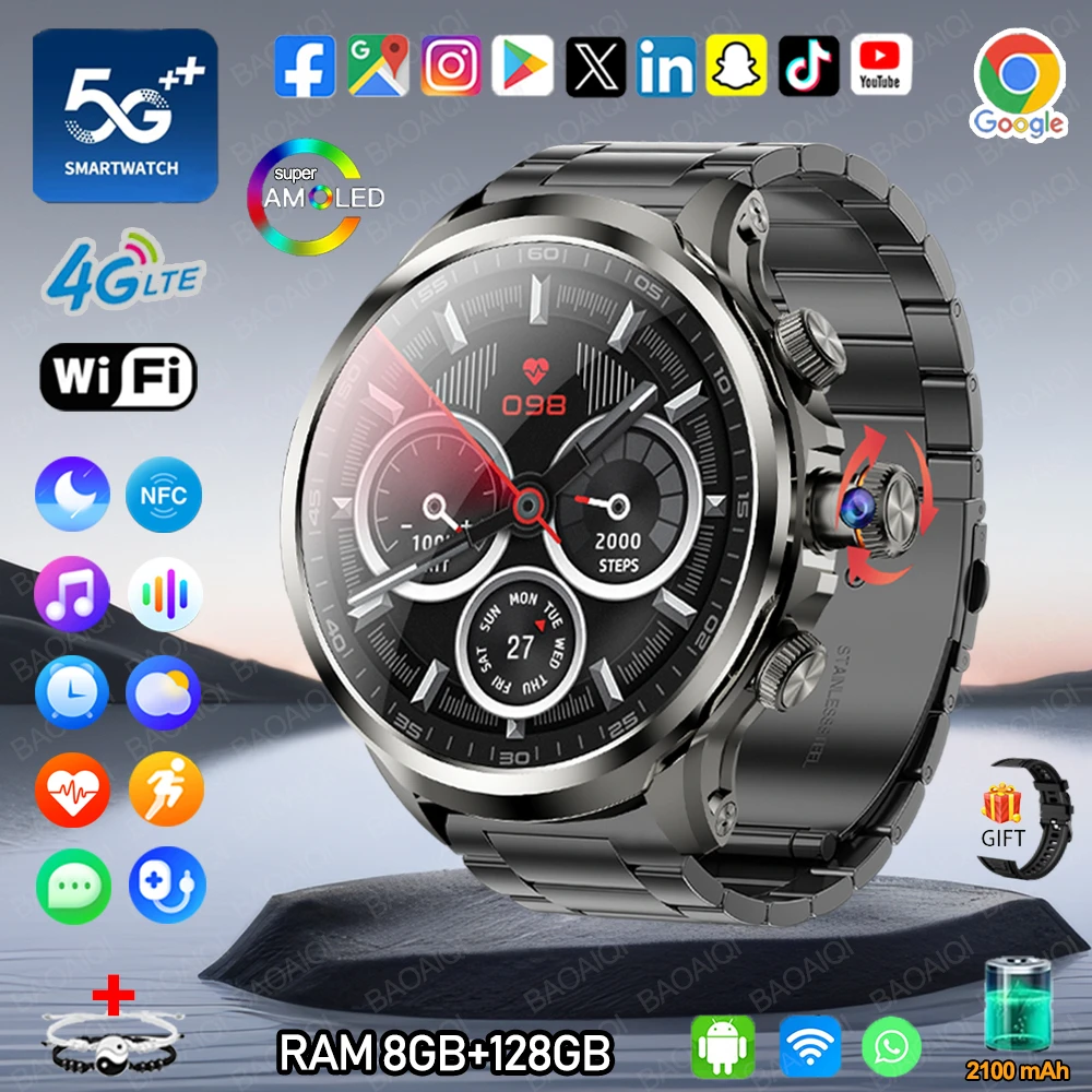 Полная сеть 5G/4G Смарт-часы 1,95 дюйма 680*680 AMOLED-экран Часы HD Видеозвонок 8 ГБ + 128 ГБ ОЗУ Google Play WIFI GPS Smartwatch