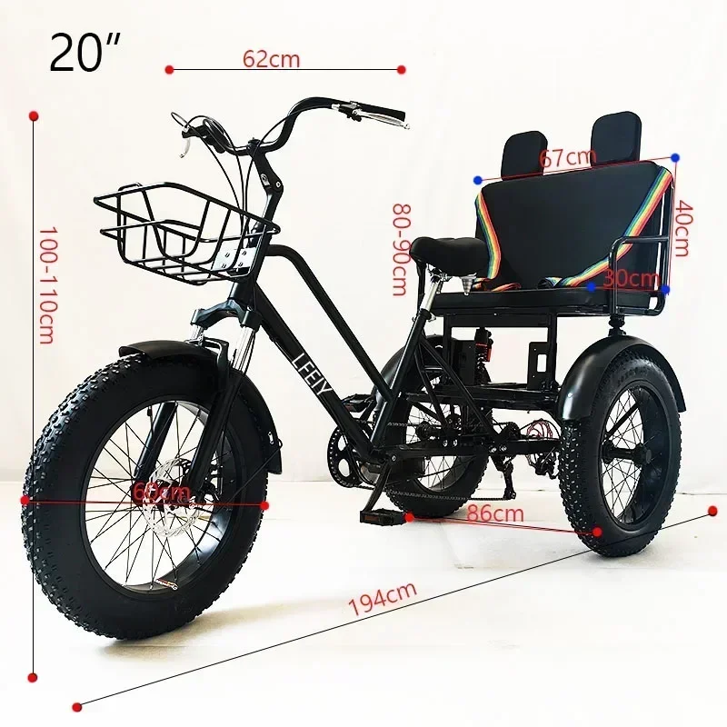 With Basket Max Load 200KG human powered 3 Wheel bicycle Tricycle 20 inch Fat Tire off-road Leisure 3-wheel Bicycle Double seat