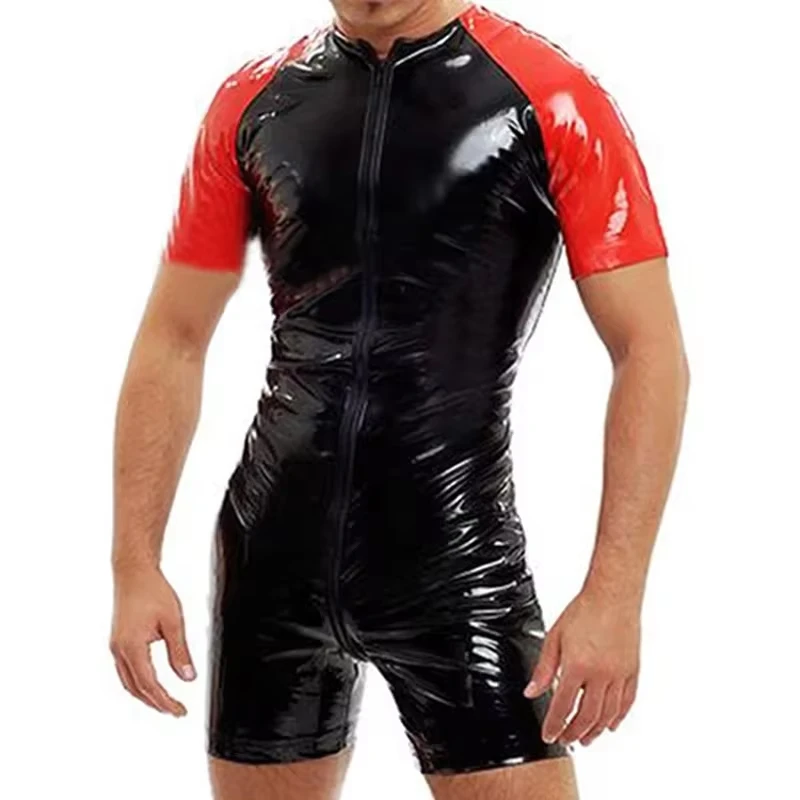 

Mens PVC Bright Leather Jumpsuit Sexy Slim Leather Overalls for Men