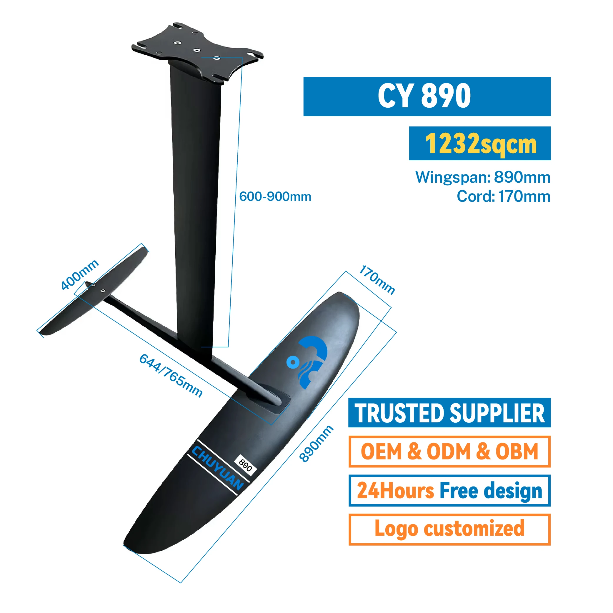 2025 heißer Verkauf CY-890 Ultraleicht Carbon Faser Hydrofoil Hinten Flügel Austauschbare Surfen Waters Hydrofoil