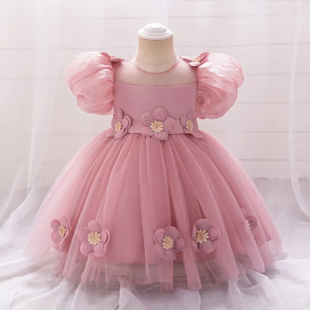 Toddler Girls Party Dress Puff Sleeve Flower Girl Princess Bridesmaid Dresses Tulle Infant Baby 1st Birthday Wedding Gown 0-3Y