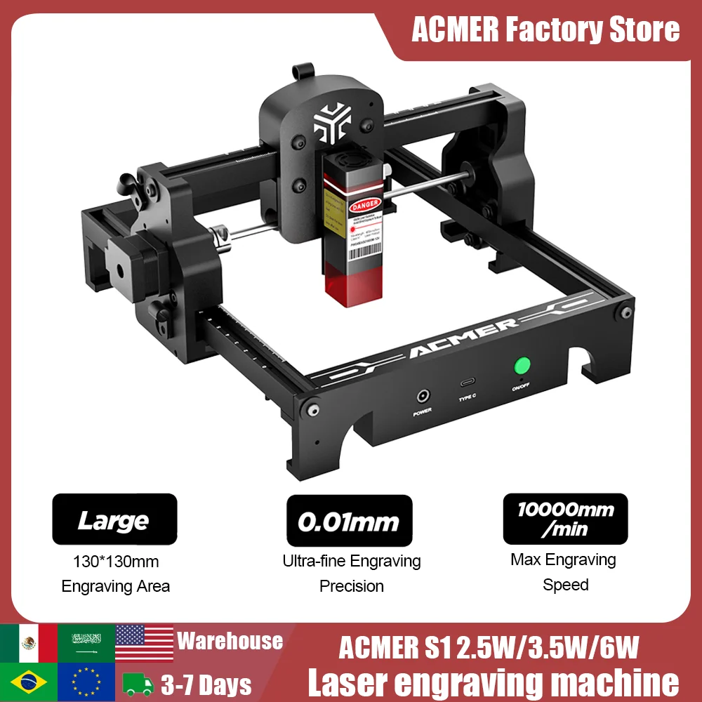 Machine de gravure laser ACMER S1 6W, 2,5/3,5W/6W, gravure polyvalente sur bois, métal laqué, cuir, pour amateurs et professionnels