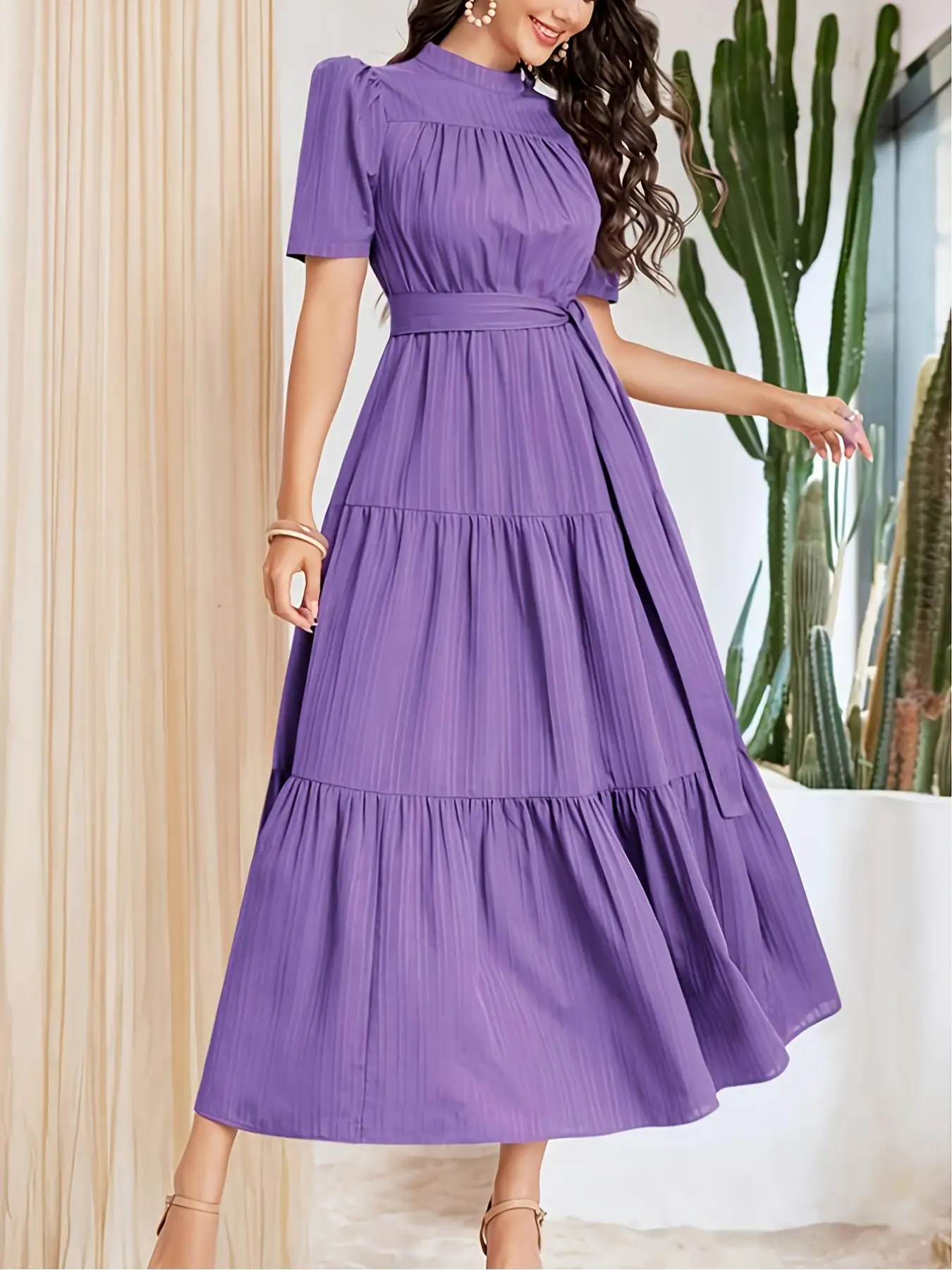 High Neck Dress, Bohemian Sweet Style, Self-Tie Waistband and Puff Sleeves, Perfect for Vacation, Dates, and Daily Wear