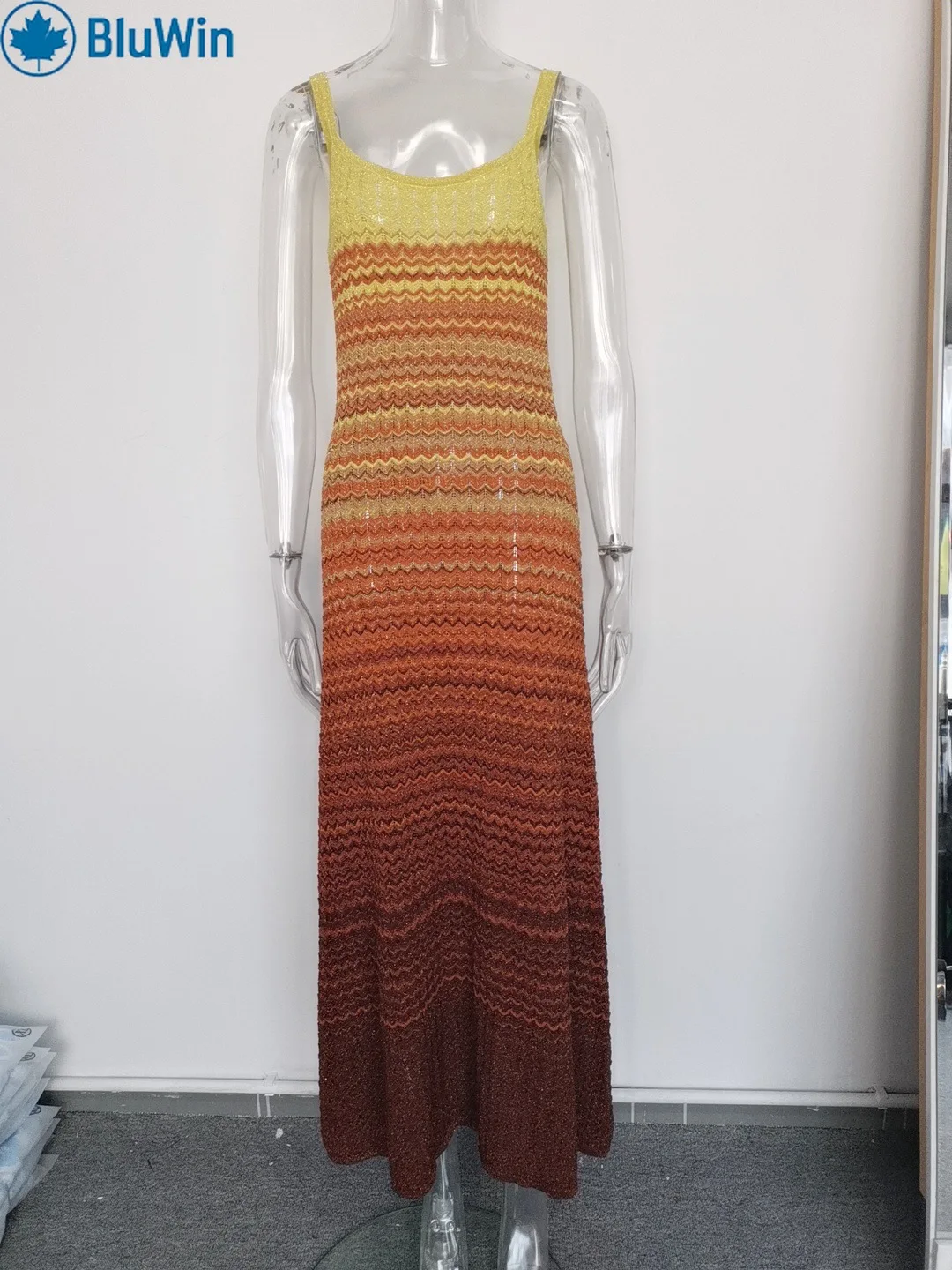URBANCHIC Ombre Crochet Knit Maxi Dress Sleeveless Beach Cover-Up Stretchy Boho Vacation Outfit