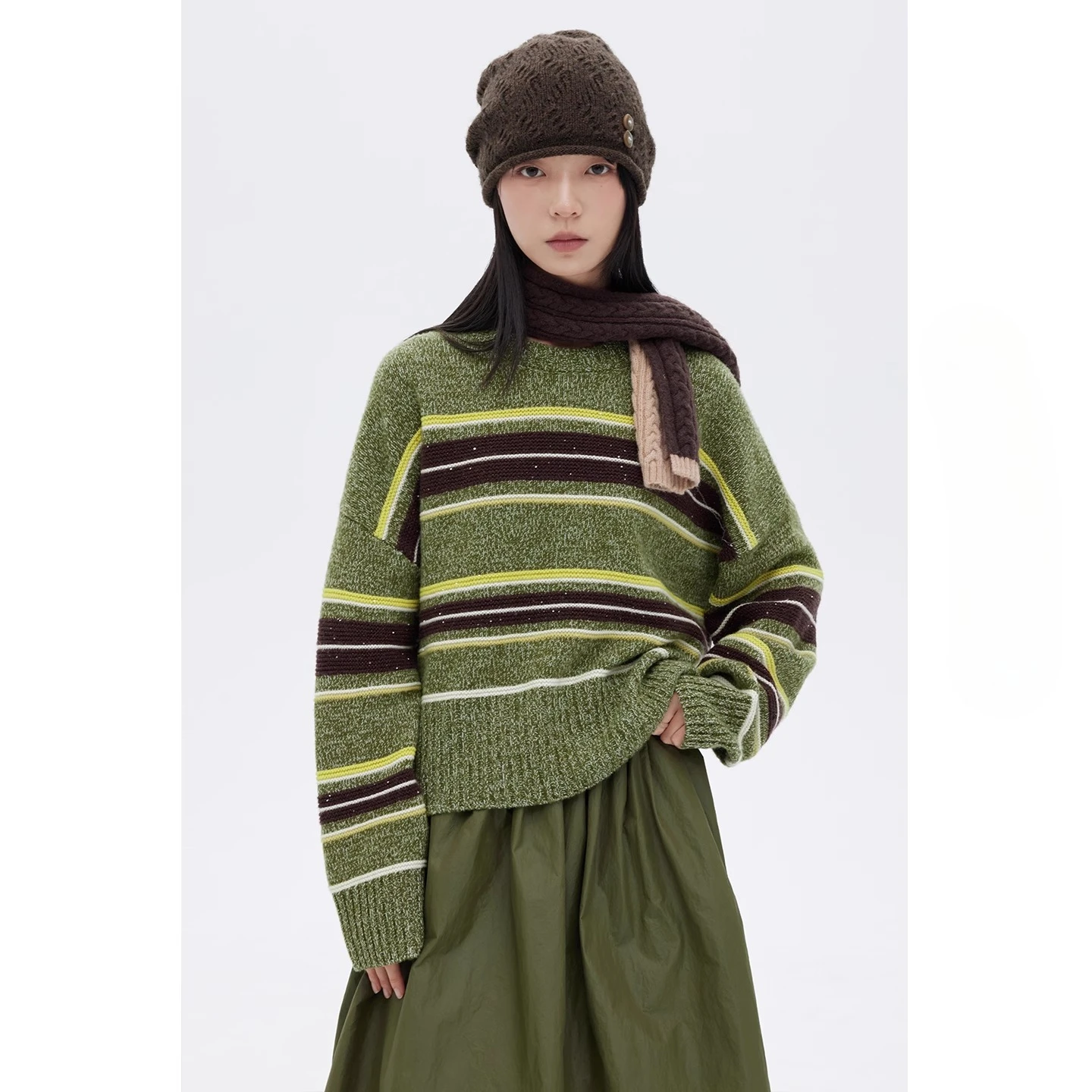 Spring and Autumn New Women's Sweater, Fashionable Commuting Striped Contrasting Round Neck 100 Pure Wool Knitted Sweater