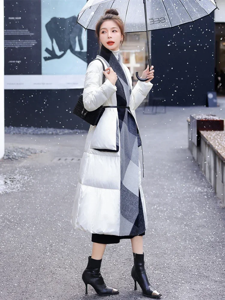 Women 2024 Winter Fashion Long Stitching Down Jacket Female White Duck Down Overcoats Ladies Lace Up Thick Warm Coats