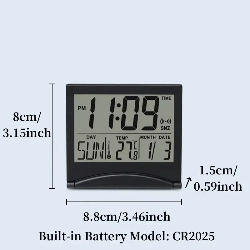 Mini sveglia LCD digitale pieghevole con data di temperatura Display settimanale conto alla rovescia Snooz 12/24H CR2025 alimentato a batteria