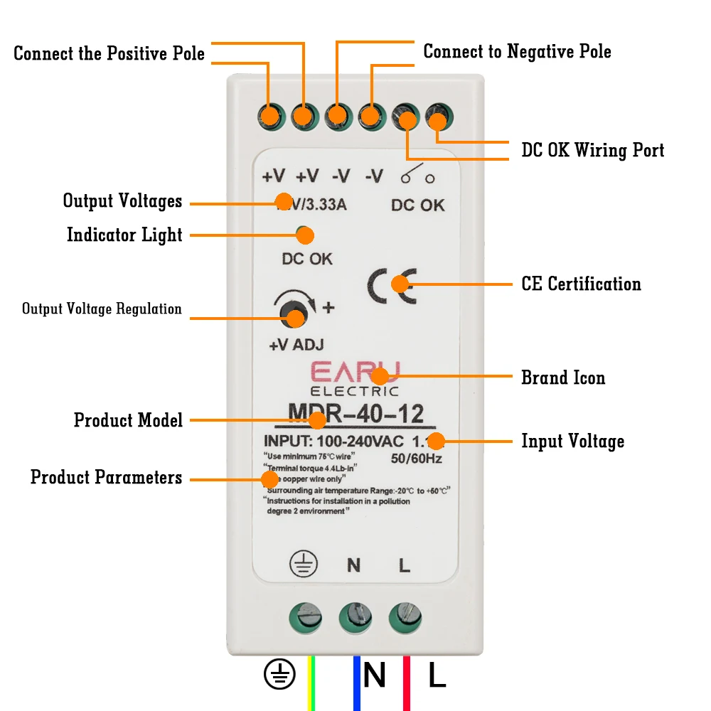 Industrial Mini AC DC Din Rail Power Supply Switch MDR-10W 20W 40W 60W 100W Single Output Switching 12V 24V 48V 100V-240V Source