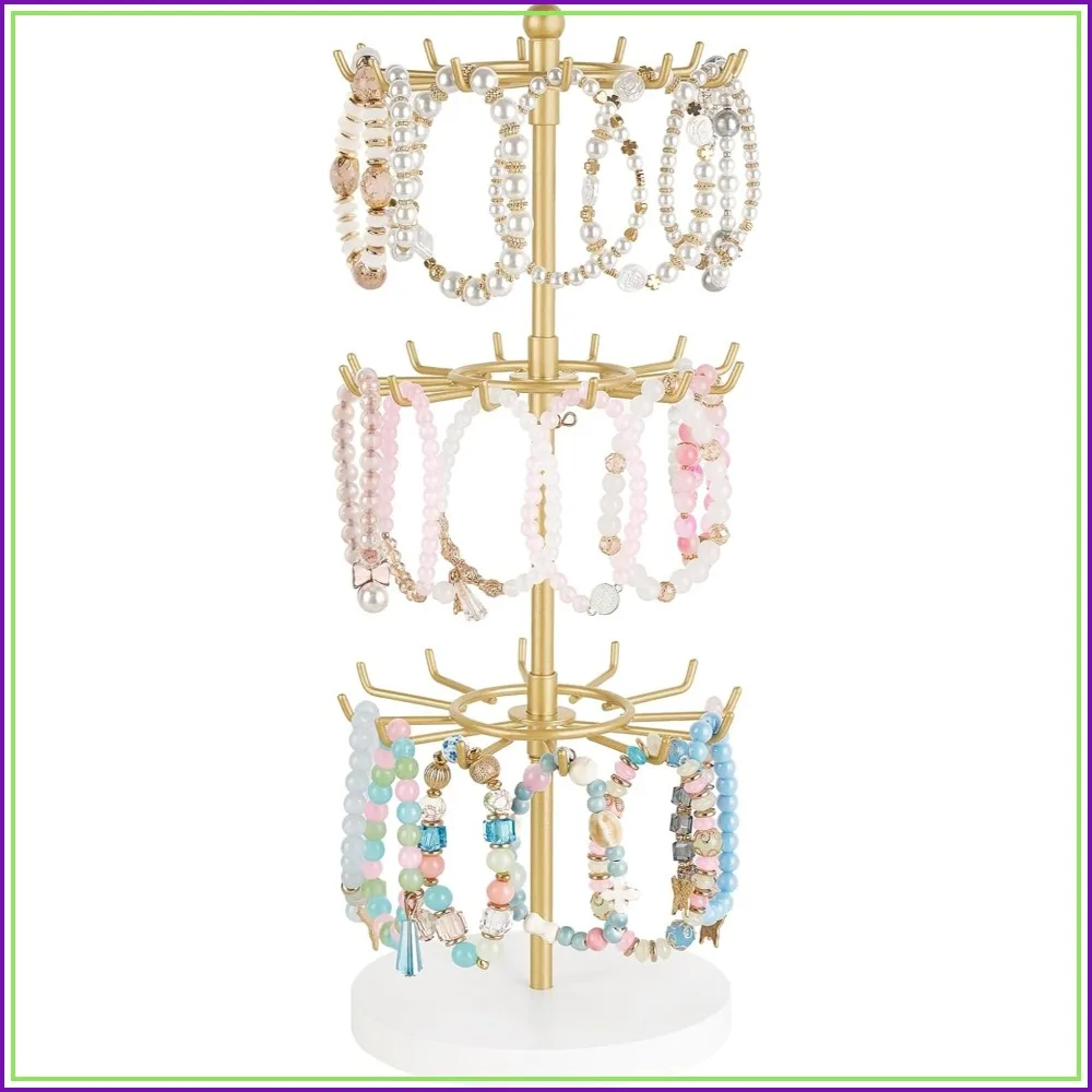 

Rotating Bracelet Display Stand, 3 Tier Jewelry Tower with 36 Hooks and Wood Base, Adjustable Storage Organizer for Bangle Accessories