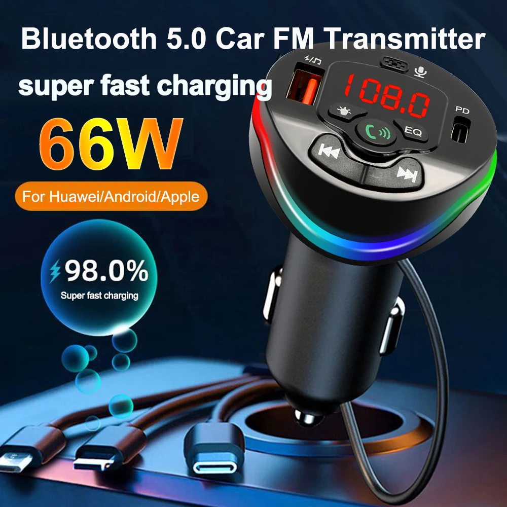 Bluetooth 5.0 Car FM Transmitter Modulator Hands-free Call MP3 Player USB PD Quick Charger 66W With 3in1 Cable for IPhone Huawei