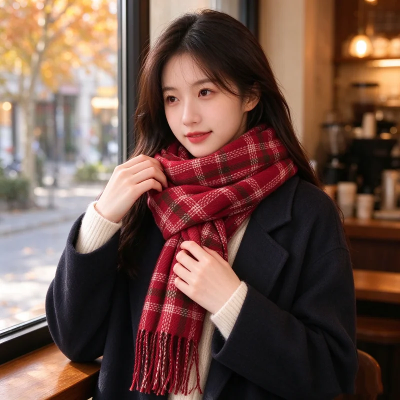 1 Piece of Long Retro British-Style Red Plaid Scarf for Autumn and Winter, Warm and Cold-Resistant, Versatile for Commuting, Couple's Tassel Faux Cashmere Scarf