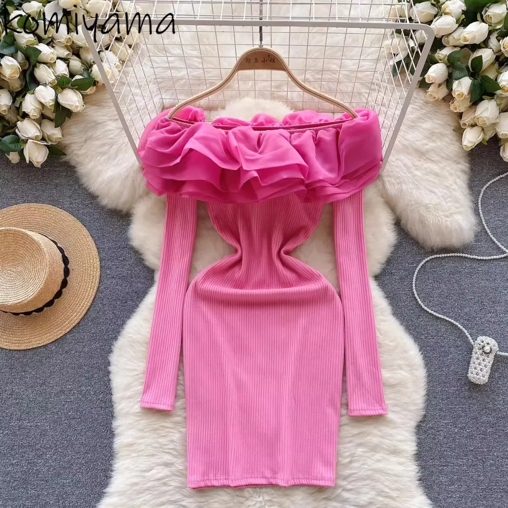 

Slash Neck Ruffles Vestidos High Waist Bodycon Woman 2025 Dress Long Sleeve Knit Dresses Autumn Mini Robe Ropa De Mujer